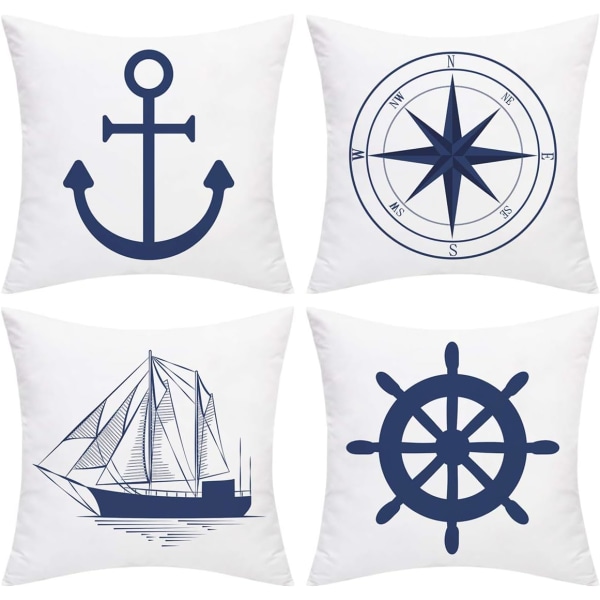 Set med 4 nautiska kuddfodral, marin ankare, navigering, kompass, 45 x 45 cm, marin stil, vit och blå