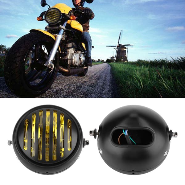 Universal Motorcykel Retro Sort Grill Forlygte Dæksel Gul Linse
