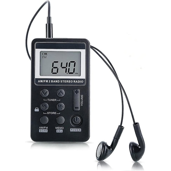 Am Fm Radio, mini bærbar lommeradiomodtager med høretelefoner, genopladeligt batteri til gå/jogging/gym/camping (sort)