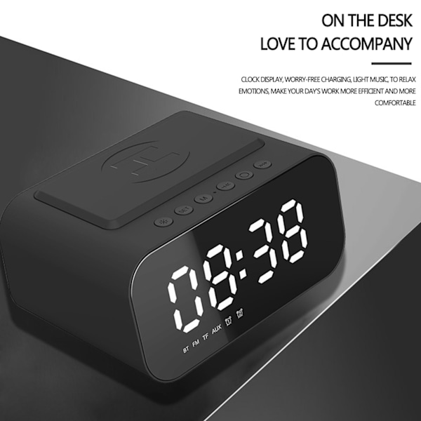 Trådlös Laddning Bluetooth Högtalare Klocka LED Display Väckarklocka Högtalare med FM Radio USB Snabbladdare
