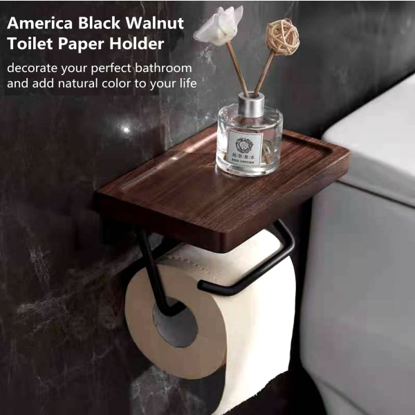 Toalettpappershållare med hylla i svart valnöt för badrum, vägg