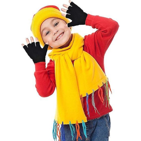 Vinterstrikkede fingerløse hansker - ensfargede halvfingervotter for gutter og jenter (4 par)