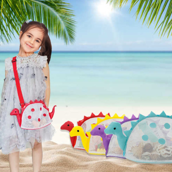 Dinosaur Mesh Strandveske for Barn Skjell Samle Totes Bærbar Strand Holding Bag for Gutter og Jenter