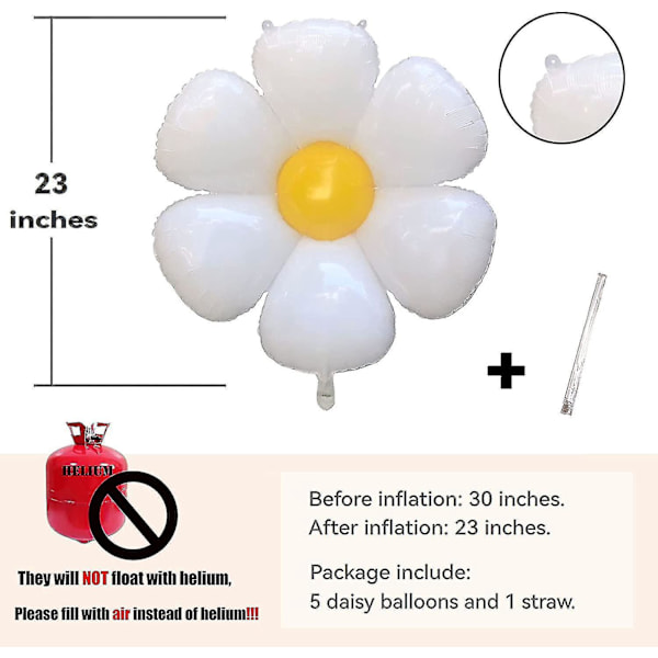 Vita Daisy-festdekorationer - Set med 5 stora 30-tums blomsterballonger för födelsedag, bröllopsdekoration