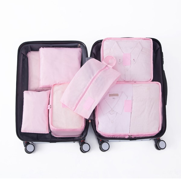 7 sett pakkekuber Vanntette smussbestandige Oxford-klut Bagasjepakkeorganisatorer for reise rosa
