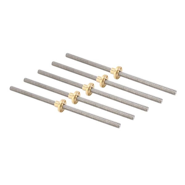 5 stk. T8 ledeskrue 2 mm stigning 8 mm ledning 200 mm lineær bevegelse gjenget stang med messingmutter for 3D-printer