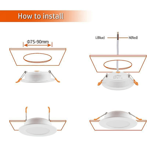 Extra Platta LED Inbyggda Spotlight Set om 6, 230V 5W, 3000/4000/6000K, IP54 Takspotlight för Badrum