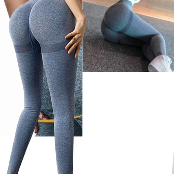 Yoga Byxor Peach Hip Split Lines Butt Lifting Leggings Elastisk Andningsbar Träningstights för Cykling Löpning Grå Blå L