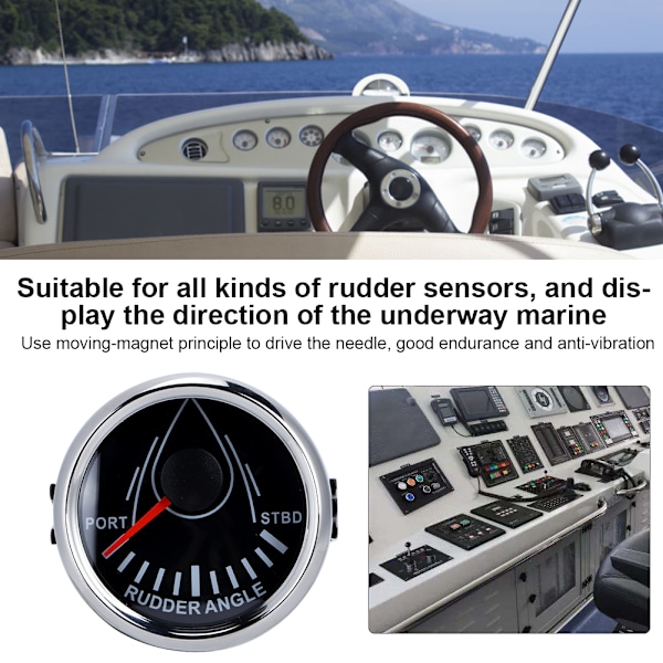 52mm Universal Båtrorkvinkelindikator 0-190ohm Signal med Rorkänsla 9-32V Bakgrundsbelysning Mätare för Båt Yacht Svart Urtavla Silverhölje