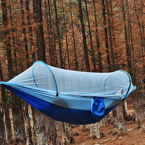 Camping Hängmatta med Nät 210T Nylon Taft Automatisk Snabböppnande Hängmatta tält för utomhusbruk 260x140cm/102x55in ljusblå