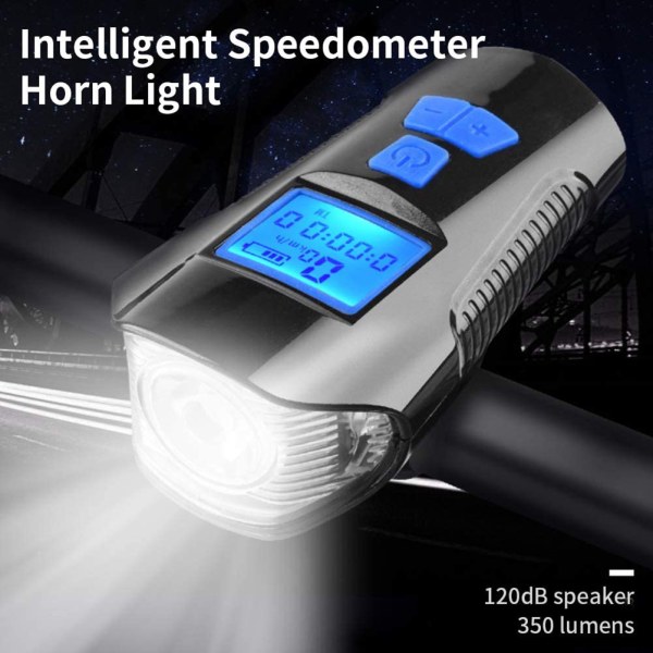 Cykel Speedometer Front Light USB Genopladeligt Night Light Riding Kilometertæller med Cykelhorn