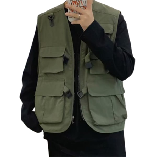 Outdoor Cargo Waistcoat with Multi Pockets and Buckles Closure M Army Green