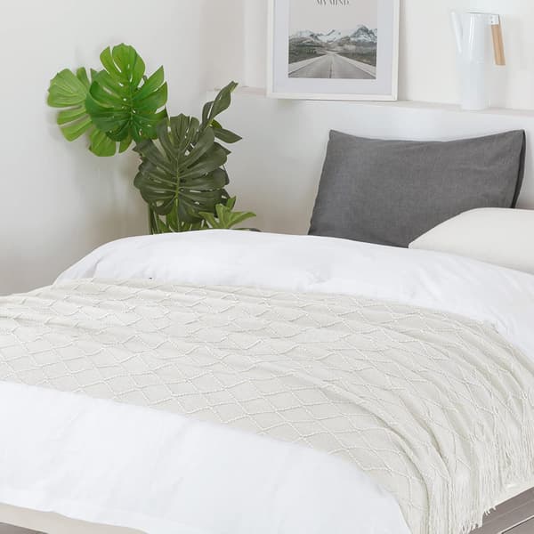 Teksturert ensfarget mykt sofatrekk sofateppe strikket dekorativt pledd, beige, 127x152cm