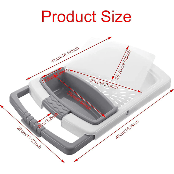 3-i-1 Plast Kjøkkenbrett med Vask Sil og Oppbevaringskurv (Grå)