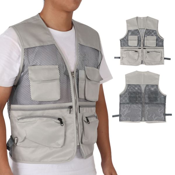 Militær Vest Holdbar Åndbar Multi Lomme Mesh Fiskevest til Udendørs Aktiviteter XXL Fransk Grå