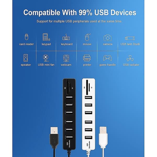 USB-hub 6-ports udvidelsesadapter USB 2.0-hub Multi-USB-splitter 2.0-hub USB-hub SD/TF-kortlæser til