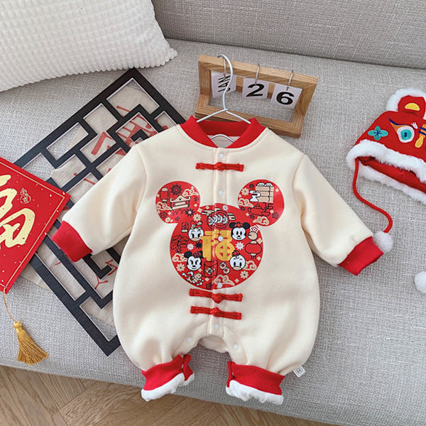 Baby Overall Söt tecknad film Tryck Knapp Stängning Tjock Varm Elastisk Mjuk Baby One Piece Outfit 90