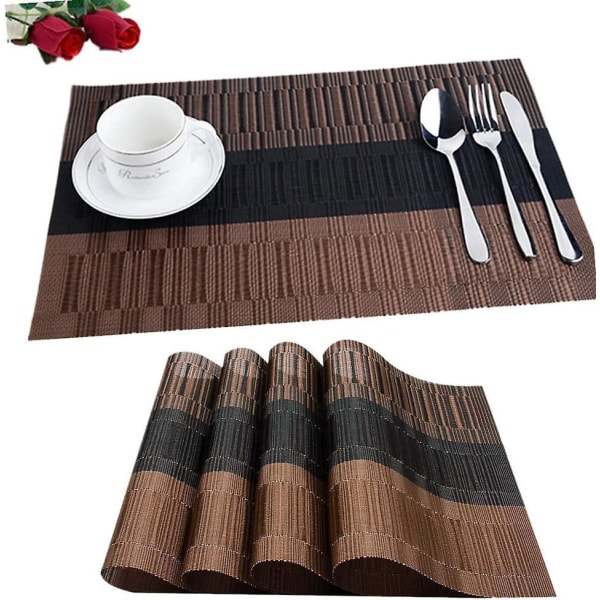 Halksäkra PVC bordstabletter Set om 6, tvättbara köksunderlägg, svartbrun, 45x30cm