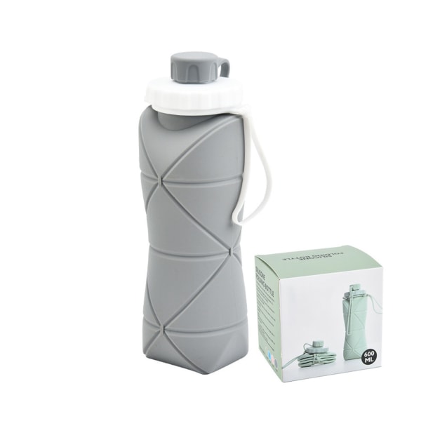 Hopfällbar vattenflaska 600 ml livsmedelsklassad silikon med bred mun Säker barnvattenflaska för campingresor Sport ljusgrå