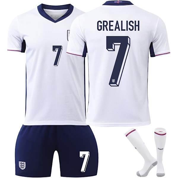 25. sesong England hjemme hvit nr 7 Grealish fotballtema trøyesett voksen barn størrelse No. 7 Grealish 16（90-100CM)