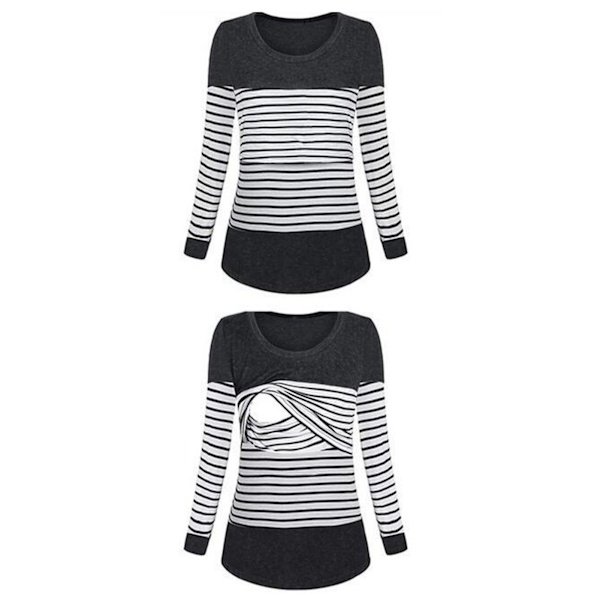 Kvinners ammeskjorter med rund hals, lang ermet, elastiske ammeskjorter med striper for rask amming, svart XL