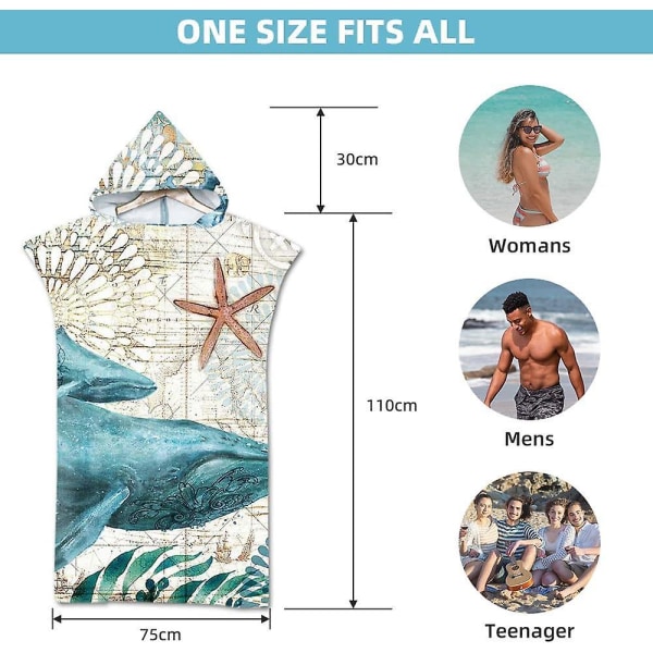 Whale Surf Poncho-håndklæde - Hurtigttørrende mikrofiberskiftekåbe til surfing, svømning og strandaktiviteter (voksen, stor)