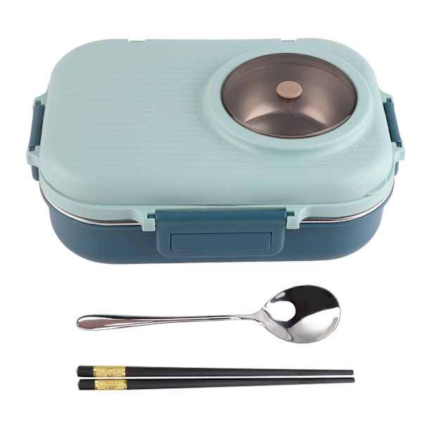 Termisk Lunsjboks 1100ml Dobbelt Lag 3 Grid Design 304 Rustfritt Stål Bento Boks med Spiseskjeer Suppeskål Blå