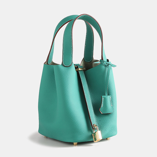 Lake Blå Ku Skinn Bucket Bag med Lychee Trykk Perfekt for Daglig Bruk Lake blue