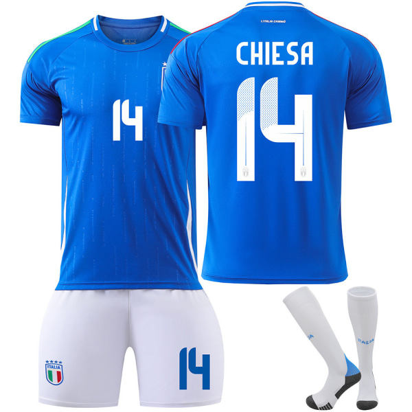 25 Italien hemmablå nr 14 Chiesa fotbollstema tröja barndräkt för vuxna No. 14 Chiesa 18（100-110CM)