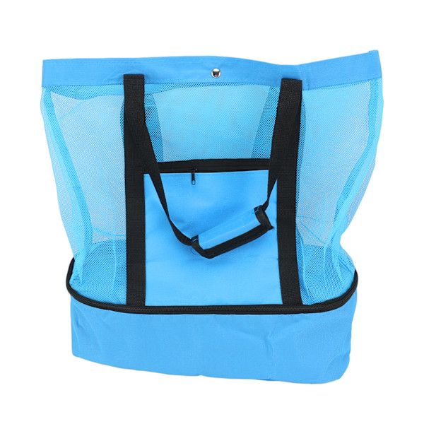 Mesh Strandveske Multifunksjon Mesh Design Topp Glidelås Hold Friskhet Holdbar Stoff Strandveske for Strand Hage Camping Blå