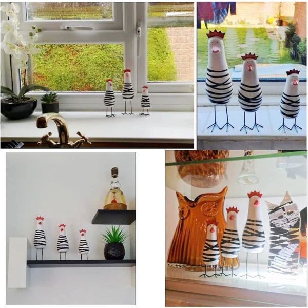 Sett med tre kyllingdekorasjoner: Små figurer for kjøkken, vinduskarm eller skrivebord