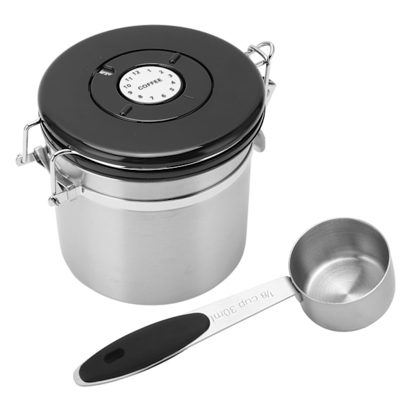 Kaffebeholder i rustfrit stål med lufttæt beholder til kaffe med 30 ml ske, datosporing, kaffekande til opbevaring af 1,2 l, rustfrit stål