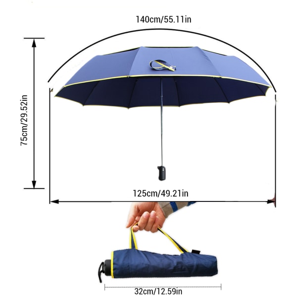 Ekstra oversize stor kompakt paraply Dobbelt baldakin ventileret vindtæt vandtæt stavparaply til kvinder og mænd