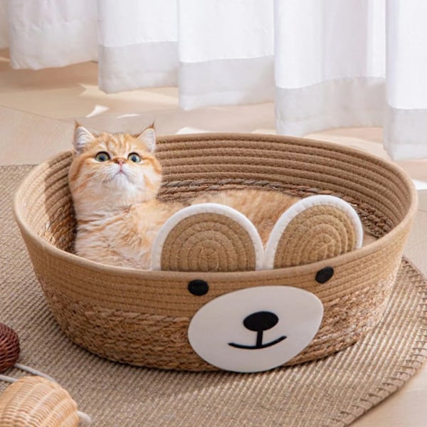 Rattanflätad Kattbädd 4 Säsonger Universal Söta Björnen Modell Kattunge Sovbo för Husdjurstillbehör