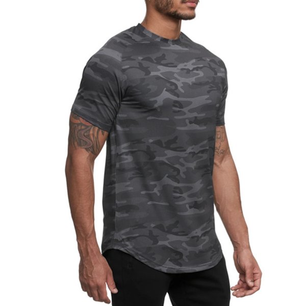 Sportshirt til mænd - Hudvenlig, Hurtigtørrende, Åndbar, Komfortabel Rundhals T-shirt til Løb, Yoga, Sort Camouflage XL
