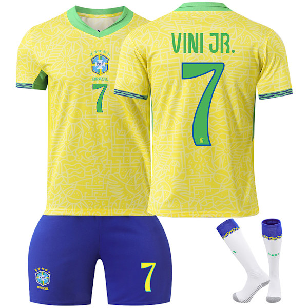 2425 Brasilien Hjemme No.7 Vinicius Fodboldtrøje Sæt til børn og voksne No.7 Vinicius 26（140-150CM)