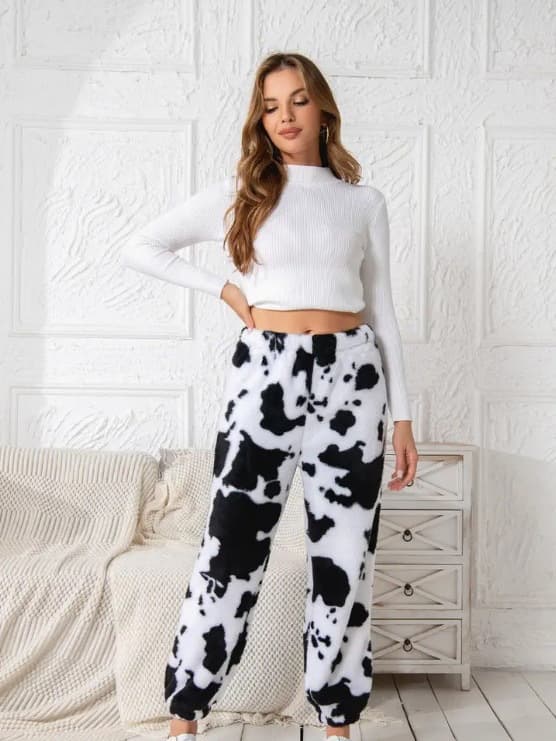Dame Bløde joggingbukser fleece lounge pyjamasbukser sorte hvide Black White XL