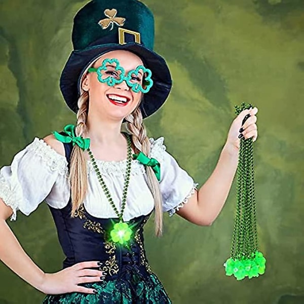 12 stk St. Patrick's Day Accessories Green Light Up Shamrocks Halskæder Led Green Shamrock Beads Halskæde Irish Metallic For Irish St. Patrick Party Dr.