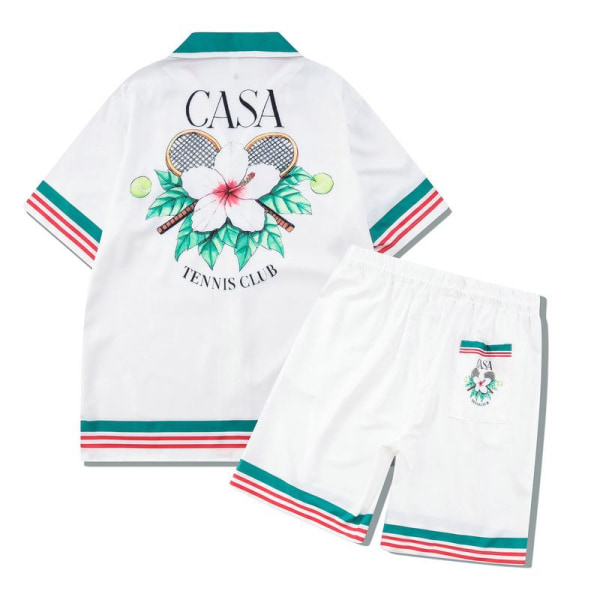 Stadium Print Casablanca Tennis Club kortärmad skjorta och shorts set, unisex för sommaren, casual hiphop hawaiiansk strandstil CA17 XL