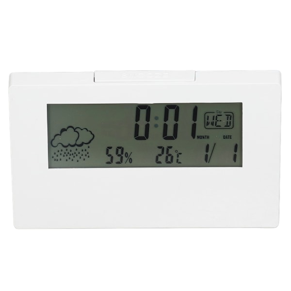 Digital väckarklocka Snooze-funktion LCD Tid Datum Temperatur Fuktighet Display Sängbord Elektronisk klocka med ljus Vit