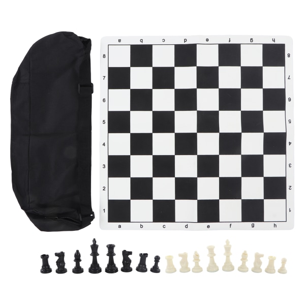 Set PS-muovista 32 shakkimiestä PU-shakkilaudalla ja säilytyspussilla kansainväliseen shakkipeliin mustavalkoinen