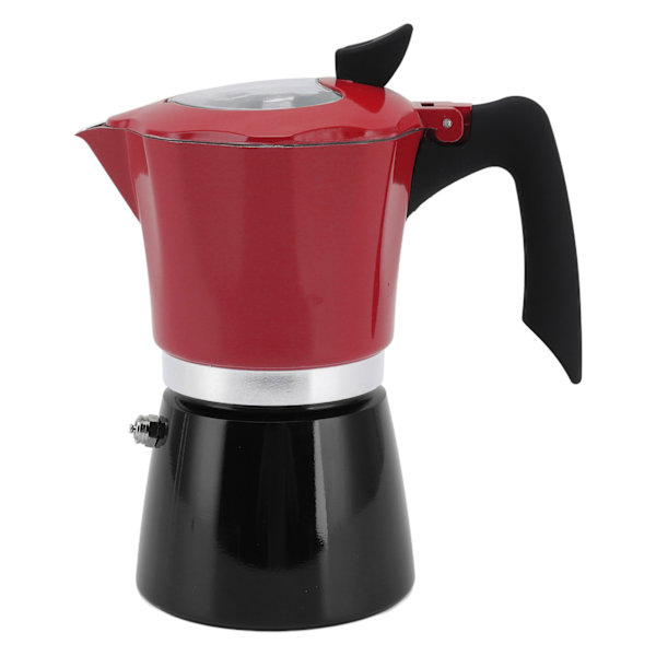 Kaffetillverkare för spishäll i aluminium, bärbar kaffebryggare med transparent lock för resor, röd/svart, nr 6, 300 ml