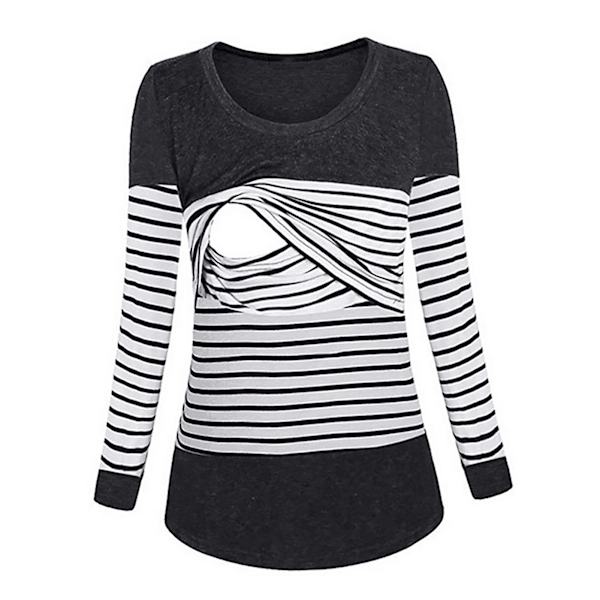 Kvinners ammeskjorter med rund hals, lang ermet, elastiske ammeskjorter med striper for rask amming, svart XL