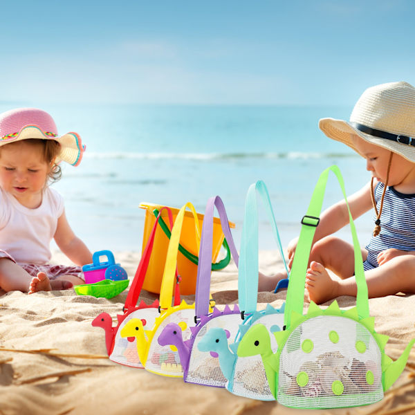 Dinosaur Mesh Strandveske for Barn Skjell Samle Totes Bærbar Strand Holding Bag for Gutter og Jenter