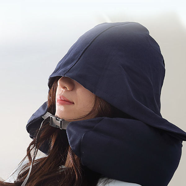 Hoodie Resekudde Huvförsedd Nackkudde Justerbar Ergonomisk Resenackkudde för Flygplan Flygning Nackstöd Sömn U-typ Mörkblå