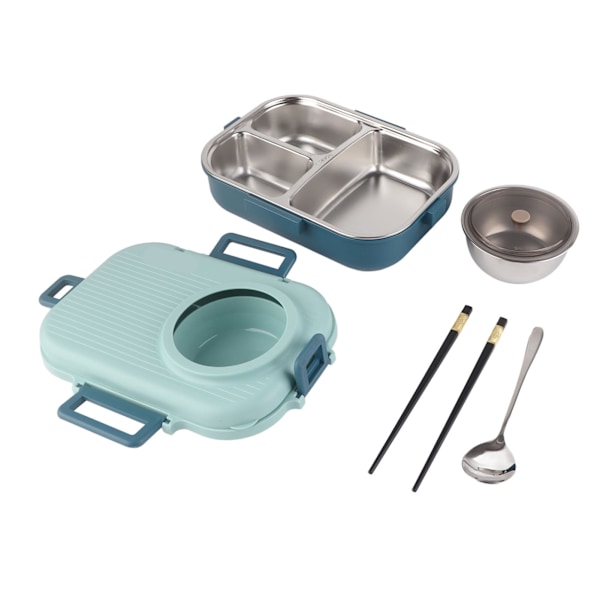 Termisk Lunsjboks 1100ml Dobbelt Lag 3 Grid Design 304 Rustfritt Stål Bento Boks med Spiseskjeer Suppeskål Blå