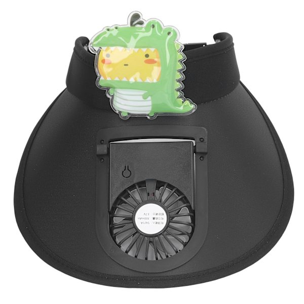 Lasten kesäaurinkohattu tuulettimella, söpö piirretty aurinkosuojaus, USB-lataus, viilentävä aurinkohattu, dinosaurus, musta