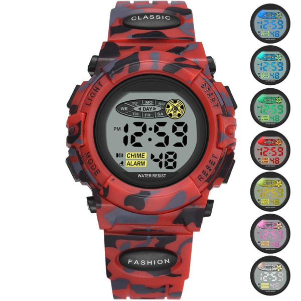 Lasten digitaalinen watch vedenpitävä casual elektroninen watch 7 värikästä LED- watch hälytinrannekelloilla pojille tytöille