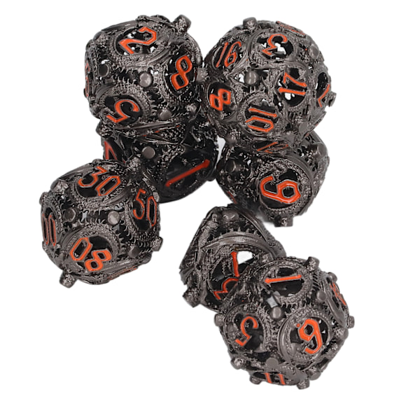 7-delad ihålig tärningssats i koppar, bärbar balanserad rullande graverad metall polyhedral tärningssats för brädspel svart nickel orange