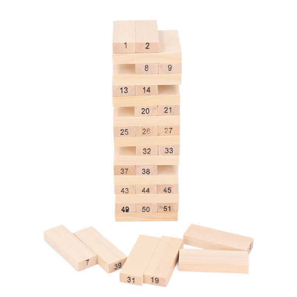 Træblokke stablespil balance træning 54 blokke 4 terninger hammer børn væltende blokspil